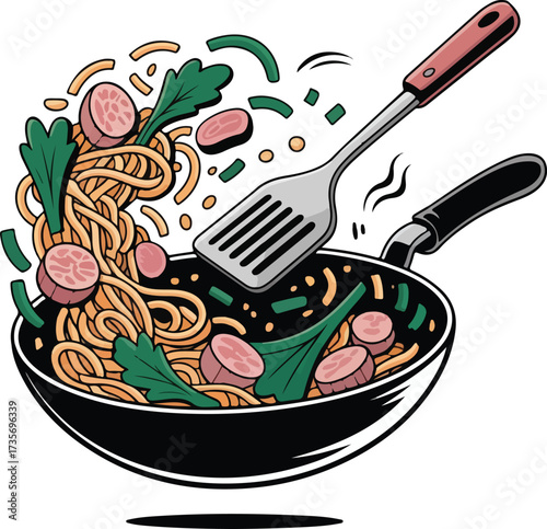 Stir fry wok noodles with sausage and vegetables in a frying pan illustration