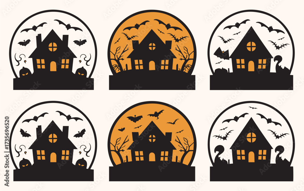 Obraz premium Silhouettes of haunted houses in circular frames, featuring bats, pumpkins, and barren trees. Some frames have an orange background, enhancing the spooky Halloween theme.