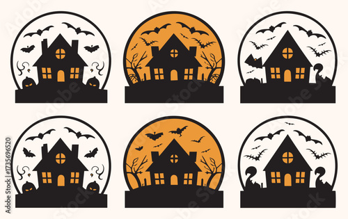 Silhouettes of haunted houses in circular frames, featuring bats, pumpkins, and barren trees. Some frames have an orange background, enhancing the spooky Halloween theme.