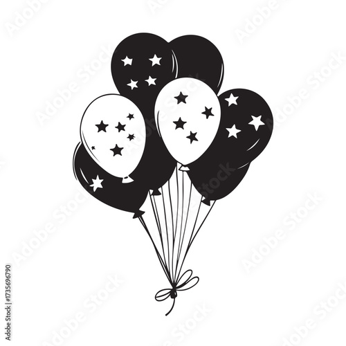 Balloons silhouette, balloons floating gracefully in air silhouette, black balloons tied together silhouette vector illustration