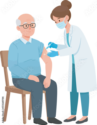 An elderly man receives a vaccination from a healthcare worker wearing a mask and gloves.