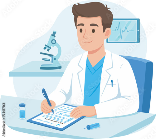 A smiling doctor in a white coat is writing on a clipboard, medical equipment visible.