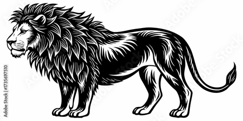 Create a highly realistic image of a male lion standing in profile, facing left. The lion should have a full, majestic mane, detailed fur texture, and a muscular body. Its expression should be calm an