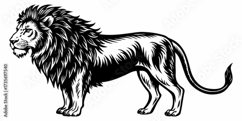 Create a highly realistic image of a male lion standing in profile, facing left. The lion should have a full, majestic mane, detailed fur texture, and a muscular body. Its expression should be calm an