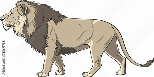 Create a highly realistic image of a male lion standing in profile, facing left. The lion should have a full, majestic mane, detailed fur texture, and a muscular body. Its expression should be calm an