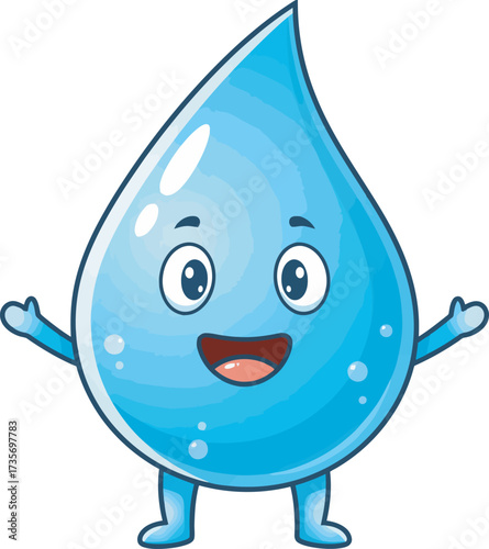 A cartoon water droplet character with a happy face, arms outstretched, and small legs.