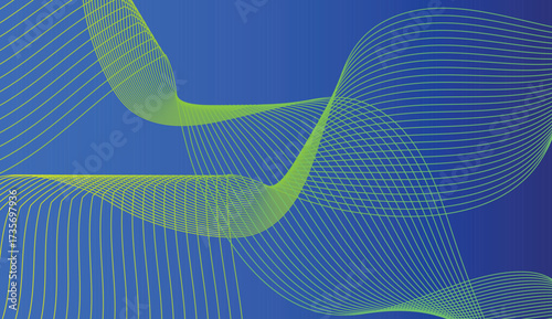 Abstract green wave lines flowing smoothly across a deep blue gradient background in modern design. Vector eps 10