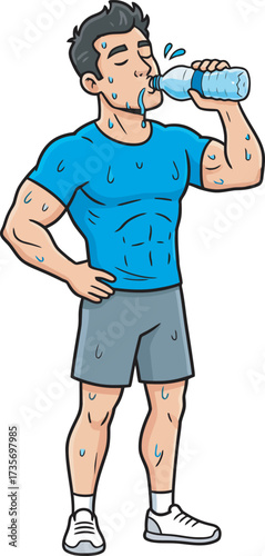 A muscular man taking a drink of water after exercise, sweating heavily.