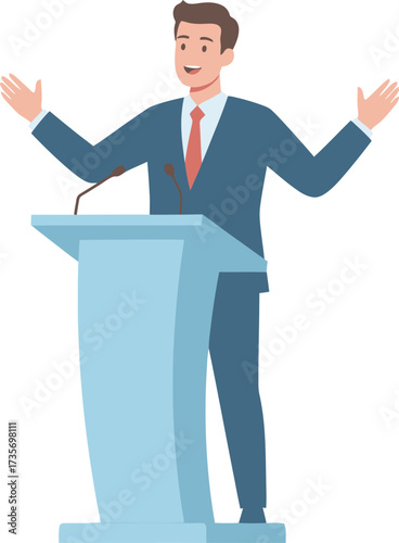 A smiling man giving a speech behind a podium with open arms.