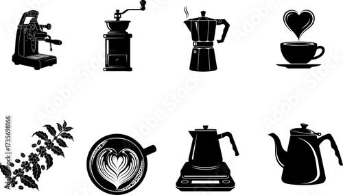 Professional Coffee Equipment and Brewing Icons Vector Silhouette Set