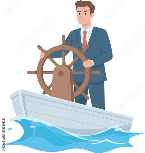A businessman steers a small boat with a ship's wheel, navigating the ocean waters.