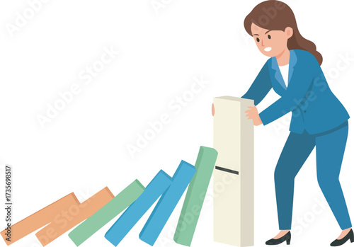 A businesswoman attempting to stop a chain reaction of falling dominoes, struggling.