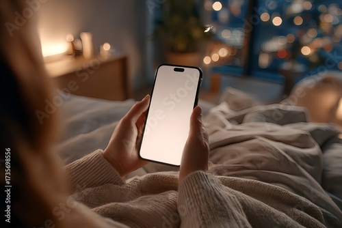 Person holding smartphone with blank screen while resting in bed at night, cozy blanket and festive city lights outside window