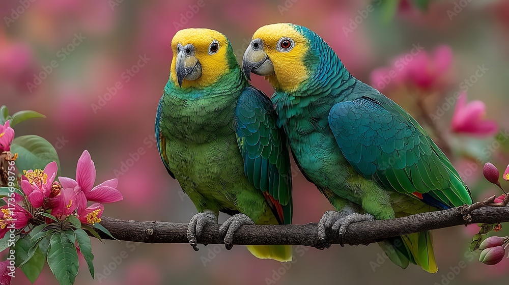 Fototapeta premium portrait of an Amazon Emperor Parrot perched on a moss-covered branch in a lush tropical rainforest. The bird's vibrant green, blue, and yellow feathers are rendered in sharp detail, with individual 