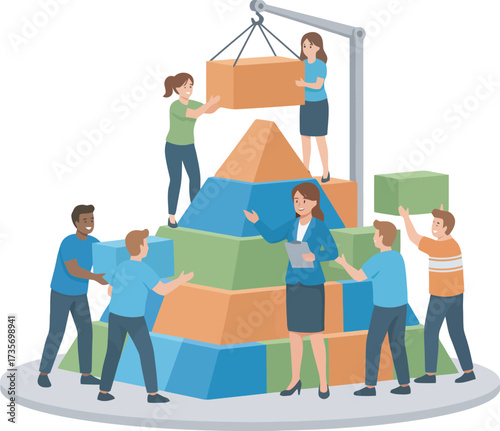 A team of people are building a pyramid with blocks, guided by a leader with a clipboard.