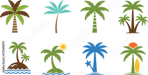 Stylized palm tree illustrations, tropical beach elements, colorful vector trees, summer icons, island design, nature symbols, vacation theme, cartoon style