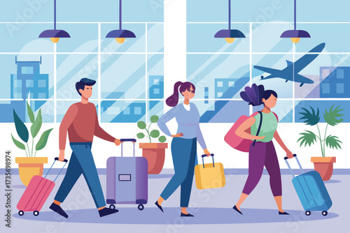 Diverse group of people traveling through airport with luggage and plants enjoying journey