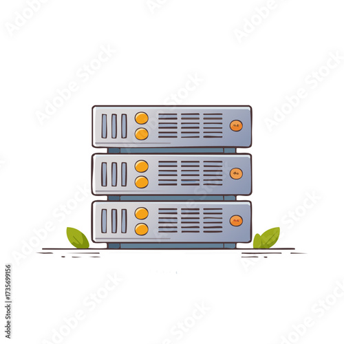 Data server stack illustration with green leaves representing eco friendly technology and sustainable hosting solutions