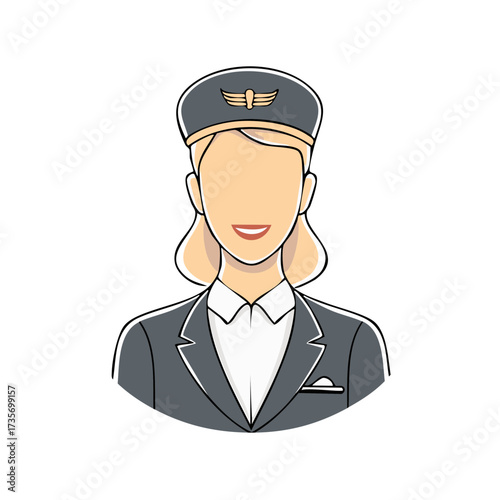 Smiling female pilot or flight attendant in uniform, professional occupation avatar vector illustration.