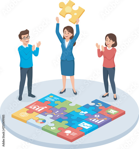 Three people celebrate completing a puzzle with business icons, the woman holding the final piece.