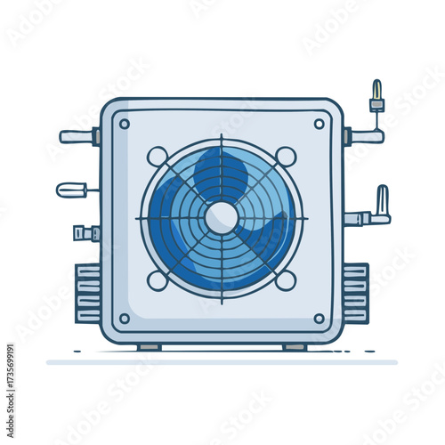 Doodle style illustration of an HVAC outdoor condenser unit with a rotating blue fan for climate control
