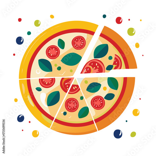 Colorful flat vector illustration of a sliced Margherita pizza with fresh tomato and basil toppings