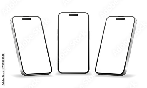 Mobile Phones Mockup. Collection of realistic smartphones with blank white screens in various angles. Isometric perspective isolated on white background. Vector illustration.