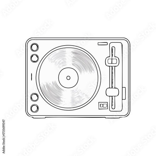 Black and white illustration of a turntable vinyl record player