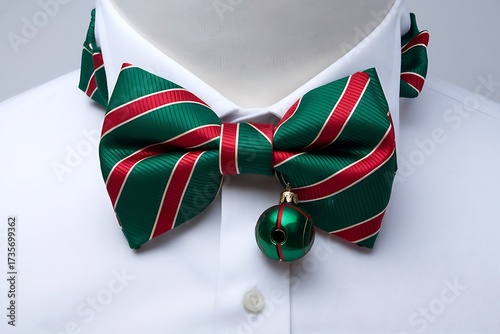 Festive Green and Red Striped Bow Tie with Jingle Bell Accent on a White Shirt