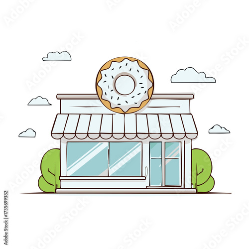 Cartoon donut shop with large frosted donut sign and clouds illustration.