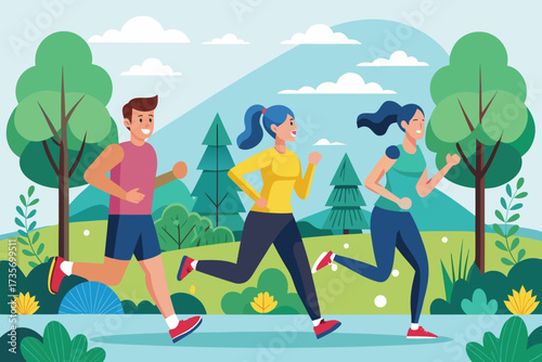 Active people jogging together in a lush green park on a sunny day
