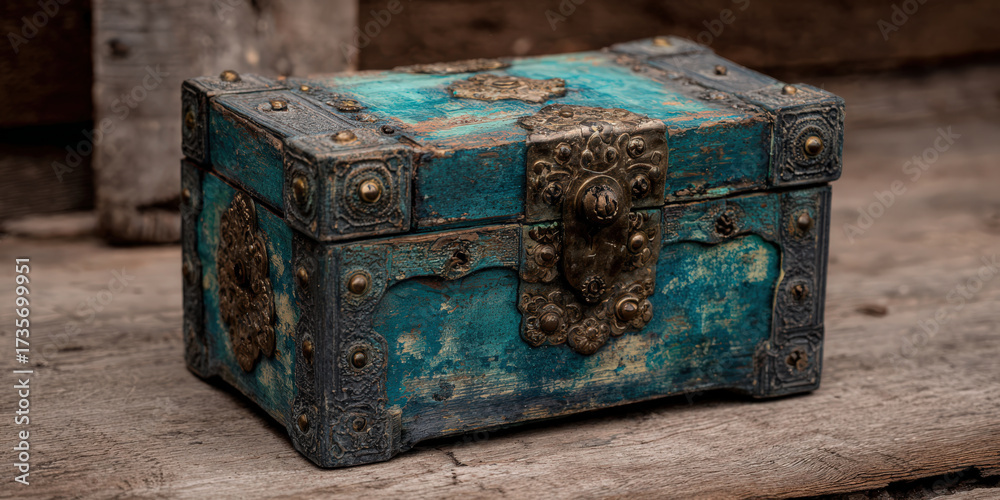 Obraz premium Vintage treasure chest with turquoise patina and ornate metalwork sits on rustic wooden surface, evoking sense of mystery and history