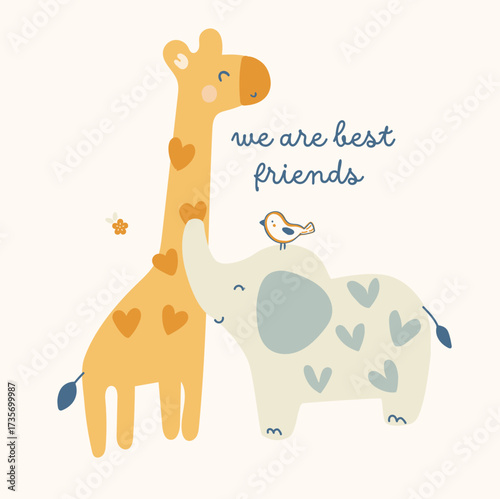 Cute giraffe baby and elephant standing graphic and slogan lettering, illustrations graphic hand drown 