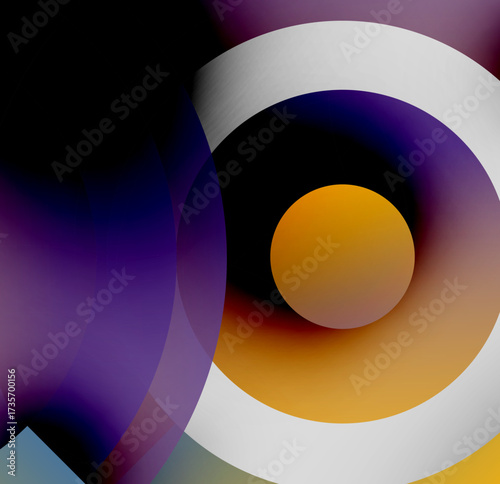 Abstract circles overlap, creating vibrant color gradients. Purple, orange, white dominate composition. Smooth transitions define shapes.