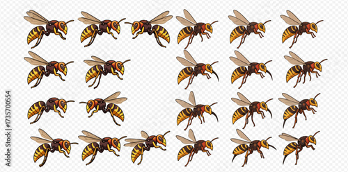 A collection of cartoon wasps in various poses, arranged in a grid pattern on a transparent background.
