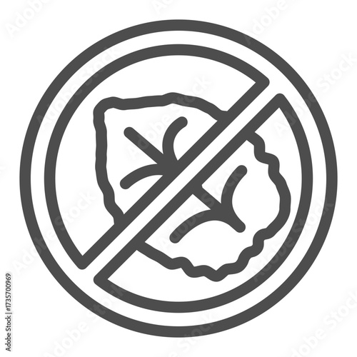Tobacco leaf ban line icon, harm of smoking concept. Vector graphics. Prohibited item sign on white background, outline style icon for mobile or web design.