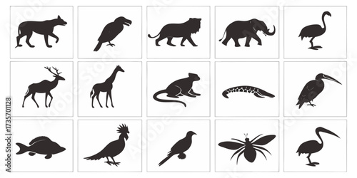 Create a collection of minimalistic black animal silhouettes in a clean, icon-style format. Each silhouette should clearly represent a different animal species — including mammals, birds, reptiles, in