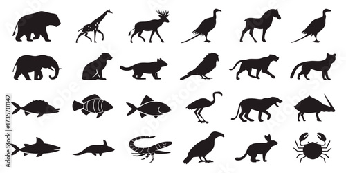 Create a collection of minimalistic black animal silhouettes in a clean, icon-style format. Each silhouette should clearly represent a different animal species — including mammals, birds, reptiles, in
