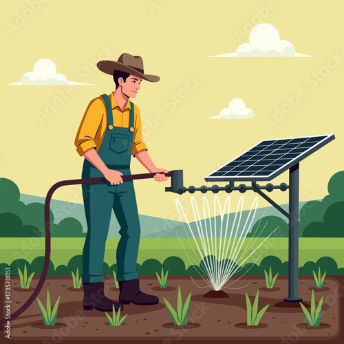 Solar irrigation in field with farmer spraying water using solar power irrigation system. Irrigation system with photovoltaic panel delivers renewable solar power to crops.