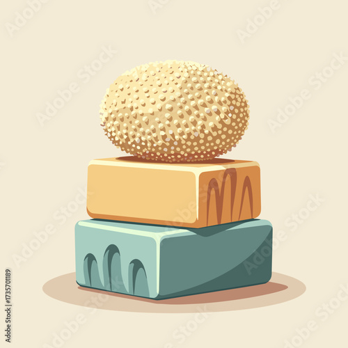 Stack of soaps and a pumice stone in balanced composition. Stack of soaps presents a variety of colors and textures with a pumice stone on top.