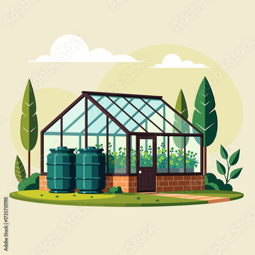 Greenhouse illustration with trees and water tanks beneath fluffy white clouds. Greenhouse showcases flourishing plants inside, set against natural landscape.