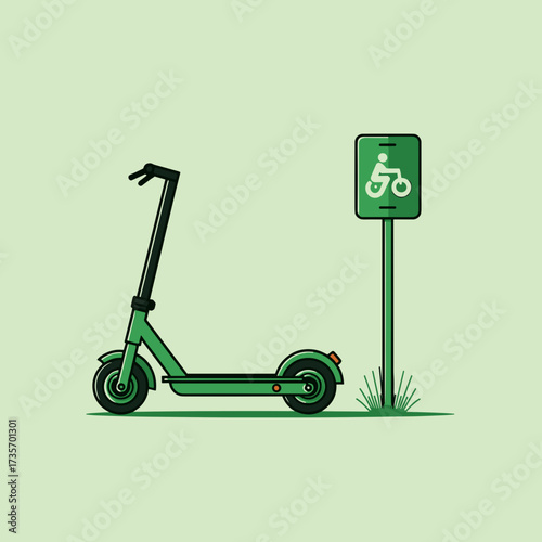 Green scooter parked near sign post on light green background. Green scooter gives eco friendly transport in urban environment.