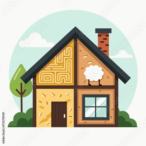 Illustrated house with door and window showcases a charming dwelling with simple details. Illustrated house features a cloud-like sheep and labyrinthine interior textures against pastel background.
