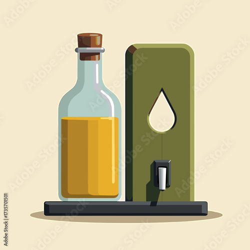 Olive oil bottle and dispenser, still life illustration of virgin oil in glass bottle with cork, and dispenser beside it. Olive oil is perfect for mediterranean cuisine and salad dressings.