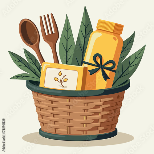 Composition of organic gift set in basket with wooden utensils and leaves. Organic gift set is an environmentally conscious present for any occasion.