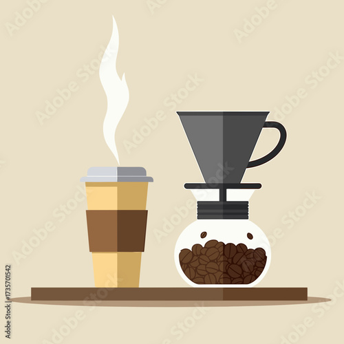 Coffee drink illustration with coffee beans in a carafe and steam coming from disposable cup. Coffee drink represents a daily morning ritual, perfect for specialty drinks.