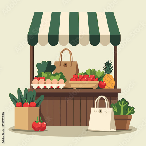 Fresh produce stall offering fruits and vegetables, including tomatoes, pineapple, and lettuce. Fresh produce stall with grocery bags invites consumers to shop at local market.
