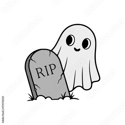 A cute, cartoon ghost peeking from behind a tombstone with RIP inscribed