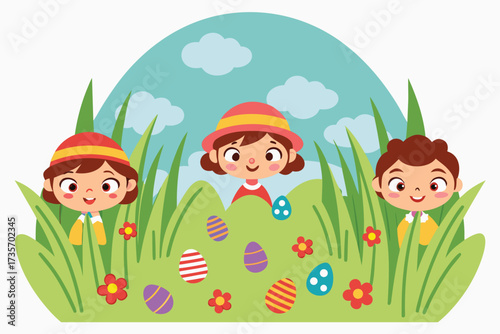 Joyful kids enthusiastically searching for colorful easter eggs in a vibrant grassy meadow scene