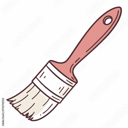A simple hand drawn illustration of a paint brush with a pink handle and white bristles on a white background